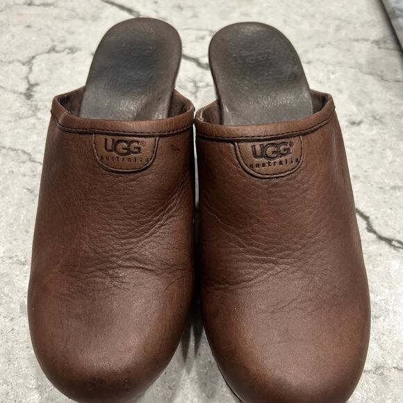 UGG Australia Brown Leather Shearling-Lined Clog Mules Women’s Size 7 - Picture 3 of 5
